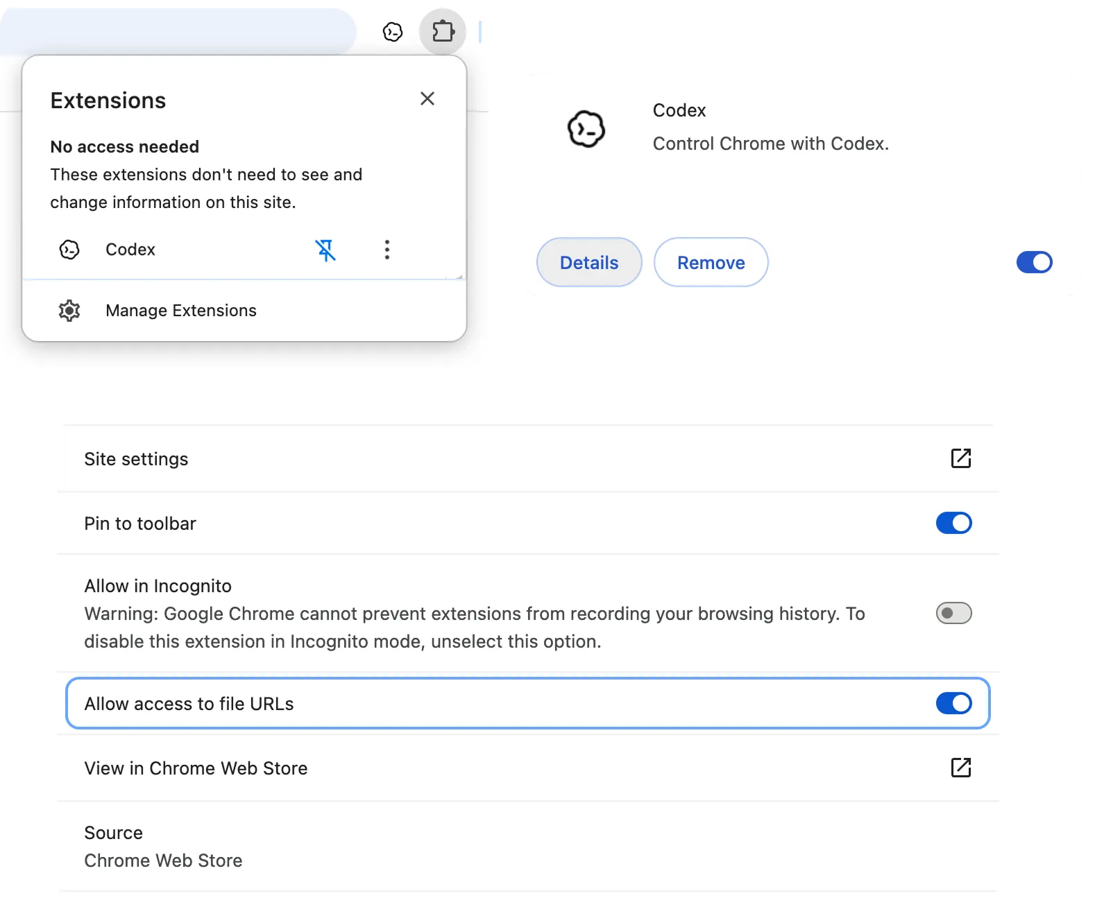 Chrome 扩展设置中为 Codex 启用 Allow access to file URLs