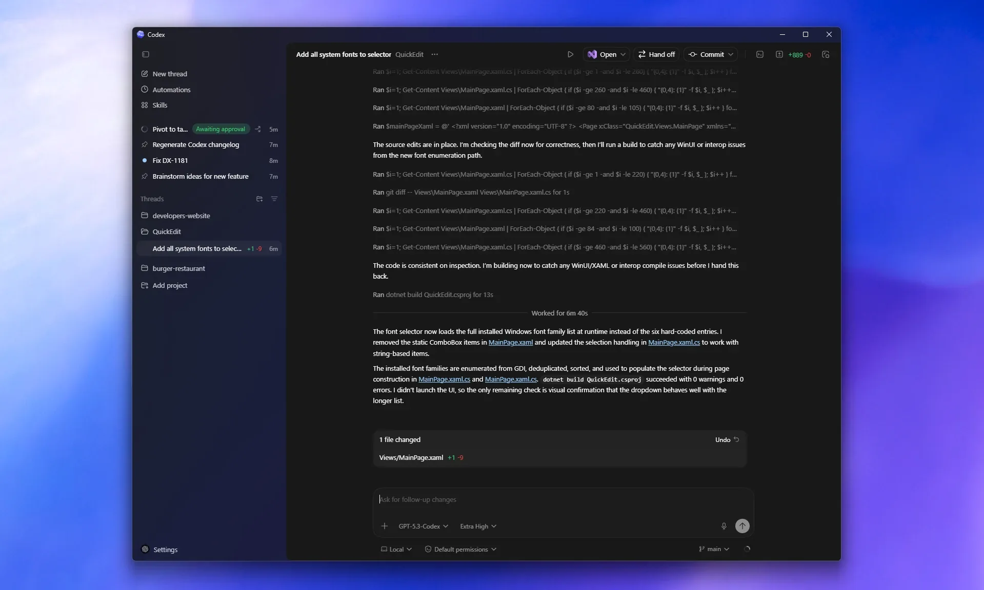 Windows 版 Codex App，展示项目侧边栏、活动线程和评审面板