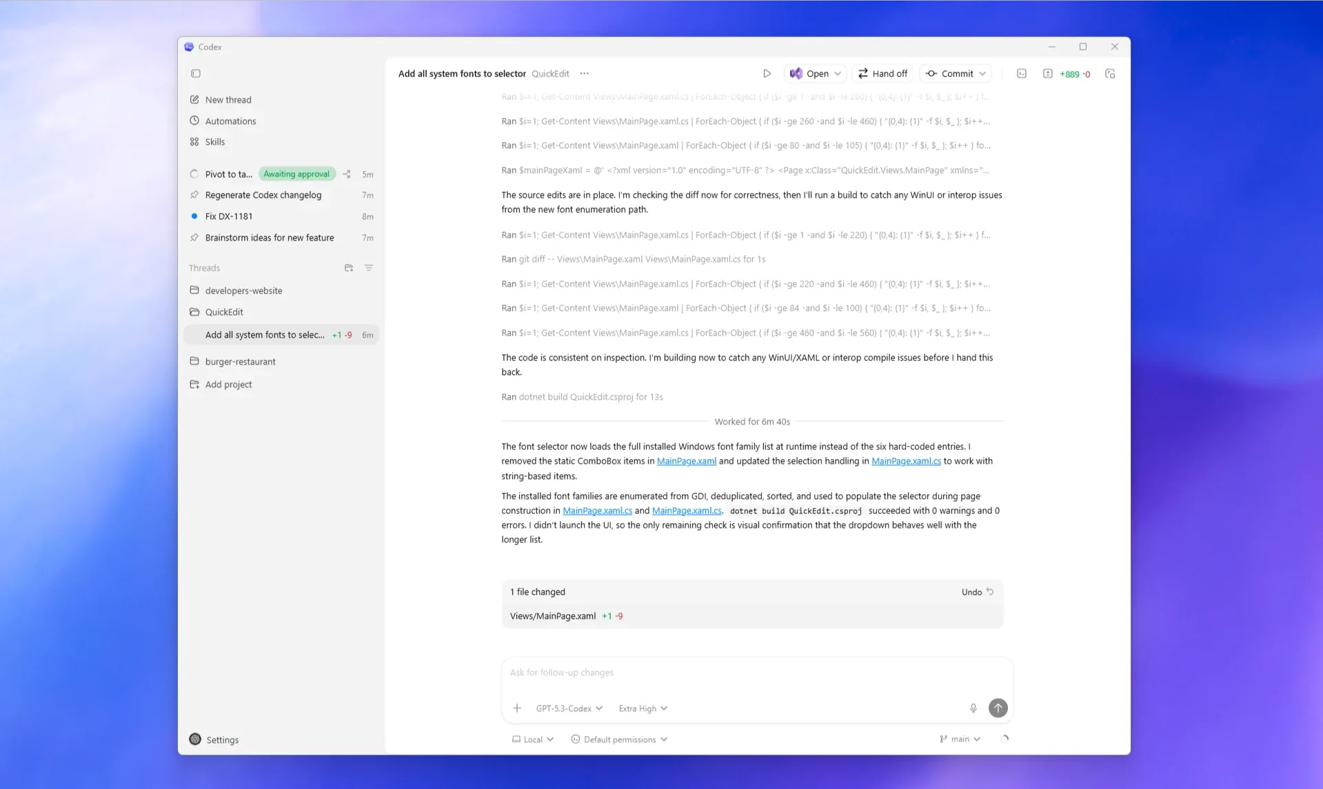 Windows 版 Codex App，展示项目侧边栏、活动线程和评审面板