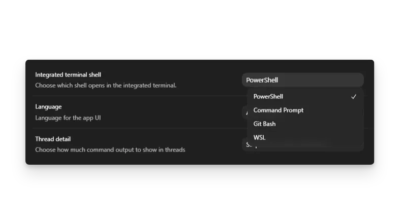 Windows 上 Codex App 设置里的集成终端选择器
