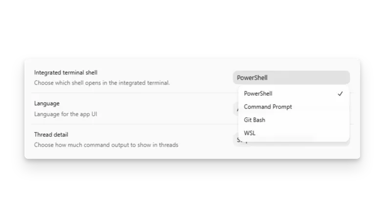 Windows 上 Codex App 设置里的集成终端选择器