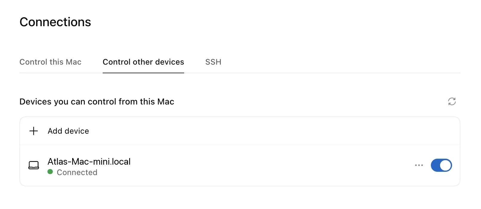 Connections 设置中显示 Control other devices 下可用的另一台设备