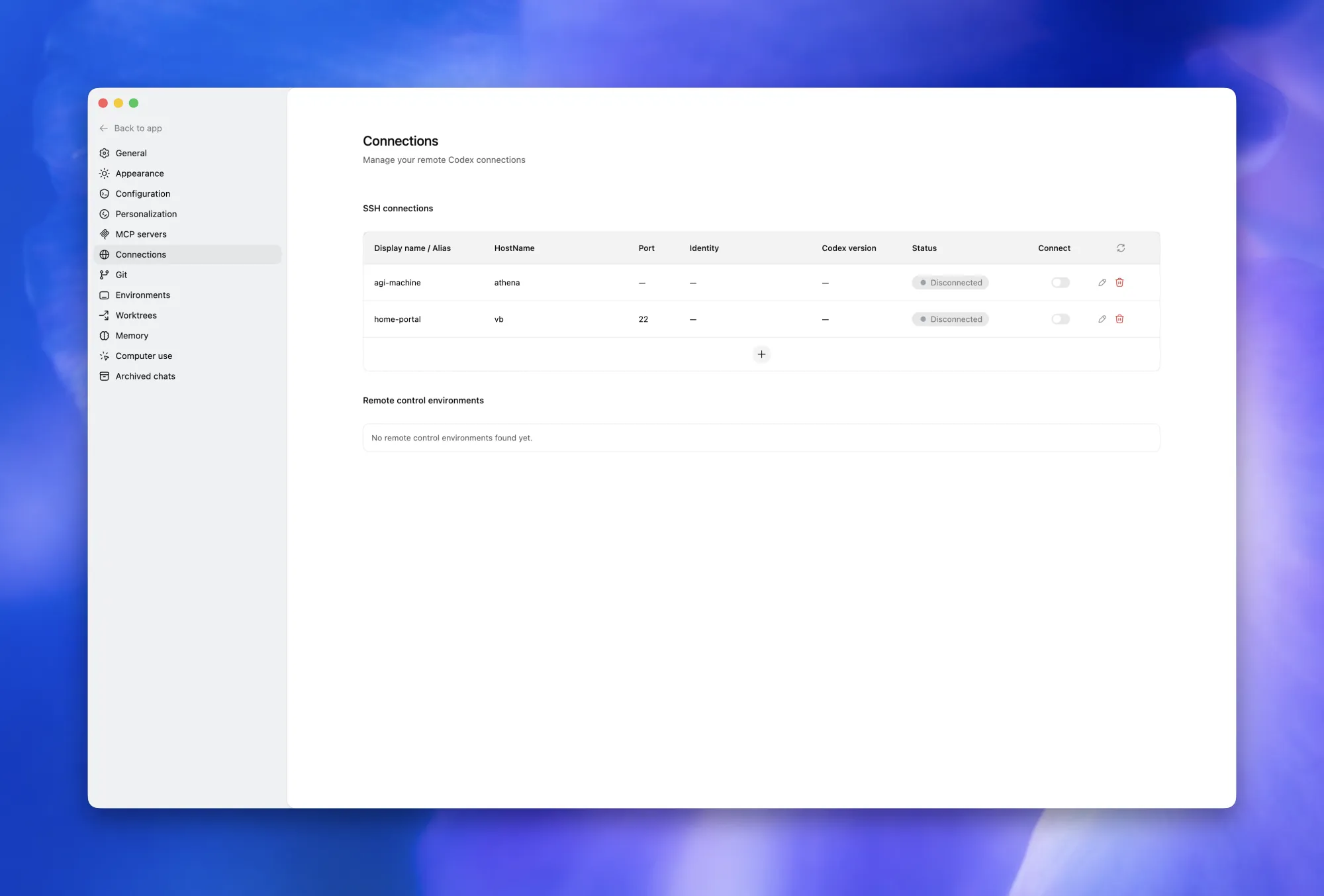 Codex App 设置中显示 SSH 远程连接