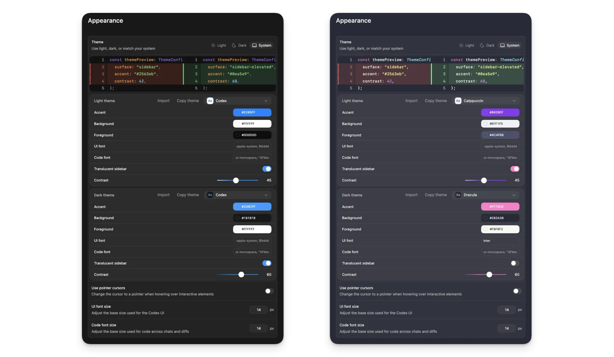 Codex App 的外观设置，显示主题选择、颜色控制和字体选项