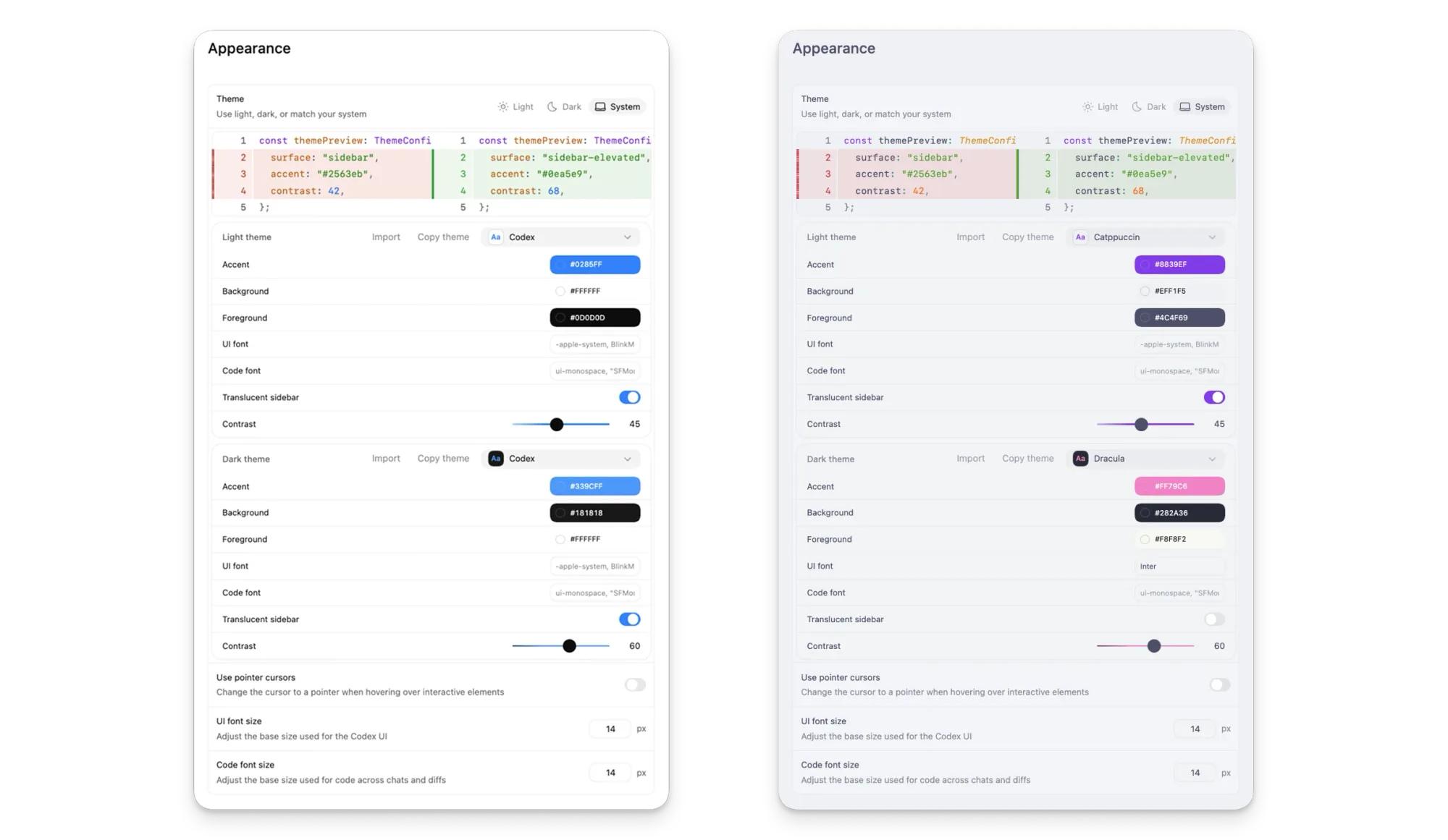 Codex App 的外观设置，显示主题选择、颜色控制和字体选项