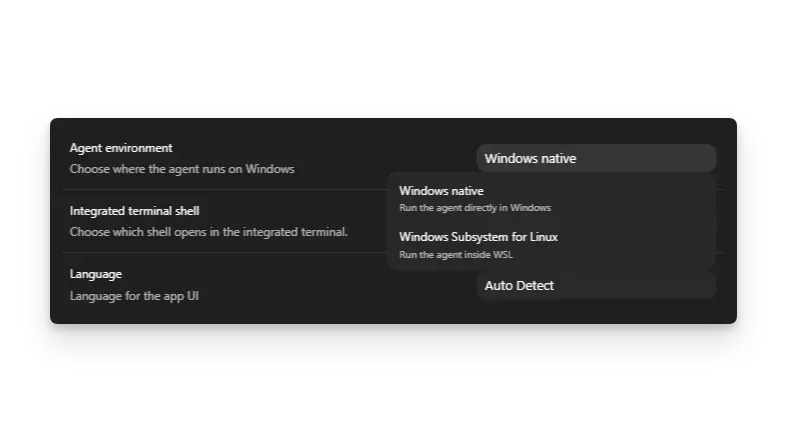 Codex App 设置中展示 Windows native（Windows 原生）与 WSL 智能体选择器