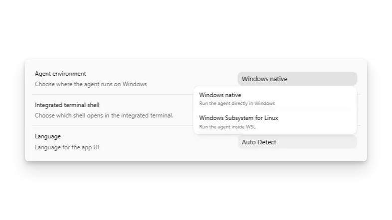 Codex App 设置中展示 Windows native（Windows 原生）与 WSL 智能体选择器